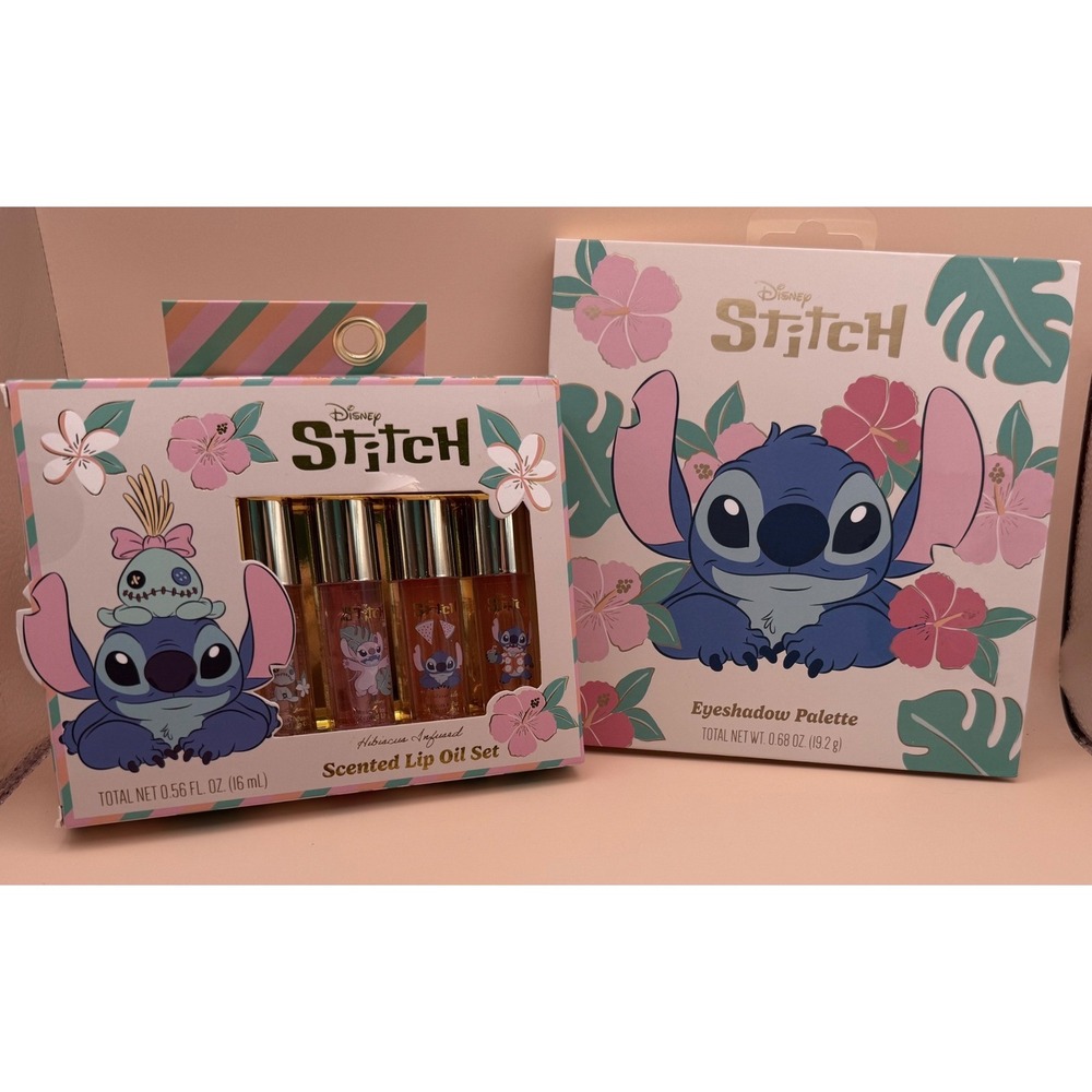 Disney Stitch Eyeshadow Palette & Hibiscus Scented Lip Oil 2pc Makeup Set